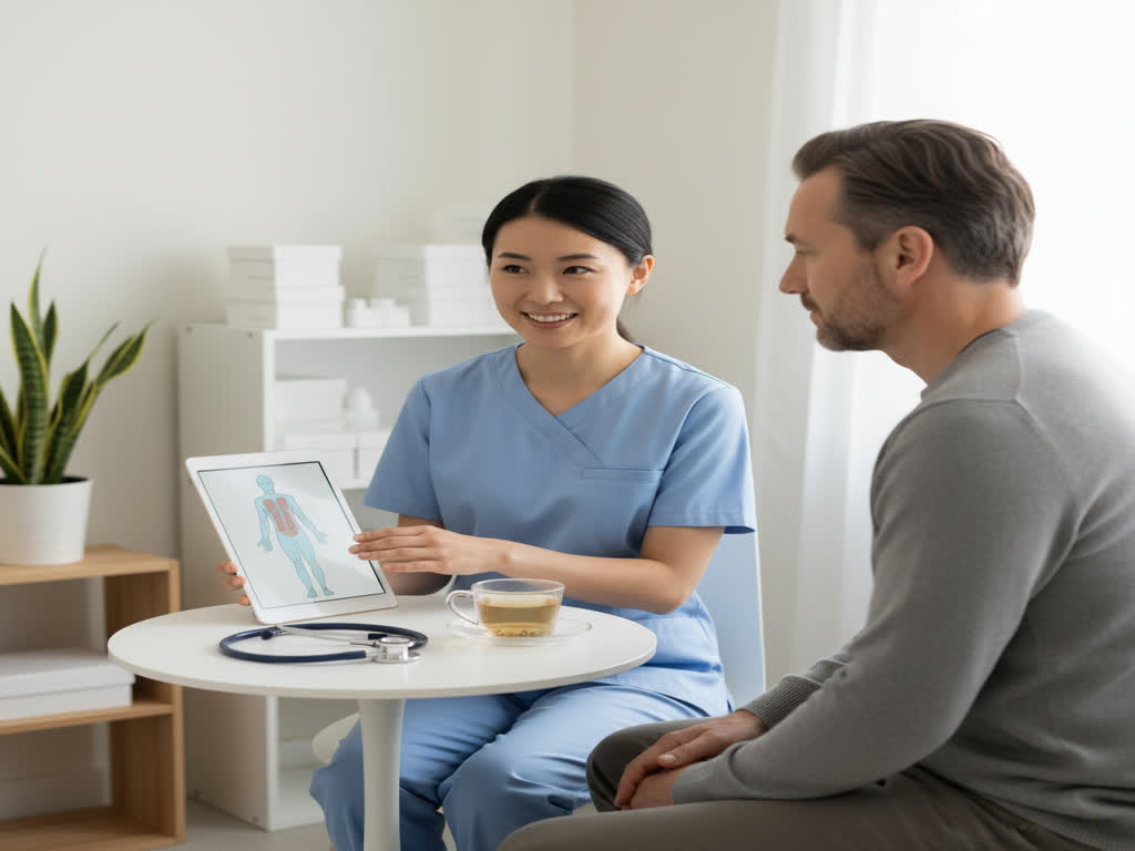 Profesional explica a un paciente criterios éticos y evidencia para un plan de salud integrativa