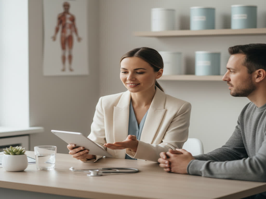 Paciente en primera consulta de medicina funcional revisando plan